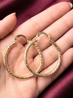Hoop Earrings 18K Gold Filled Twist Cut Hoop Earrings 30mm Will Not Tarnish